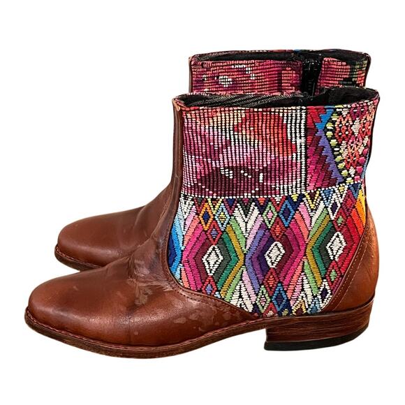 Artisan Handmade Leather Boots Guatemalan Huipil Textile Boho Ankle Boot - Picture 1 of 12